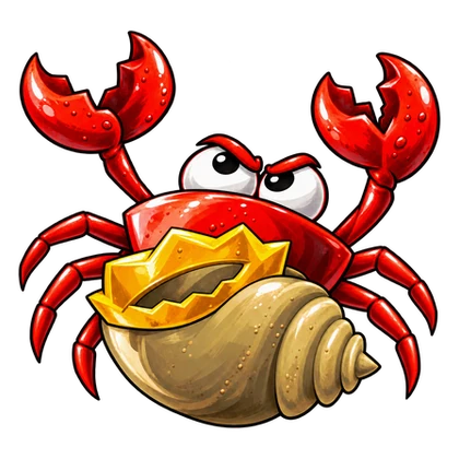 King Crab raises his claws above his crowned spiral shell
