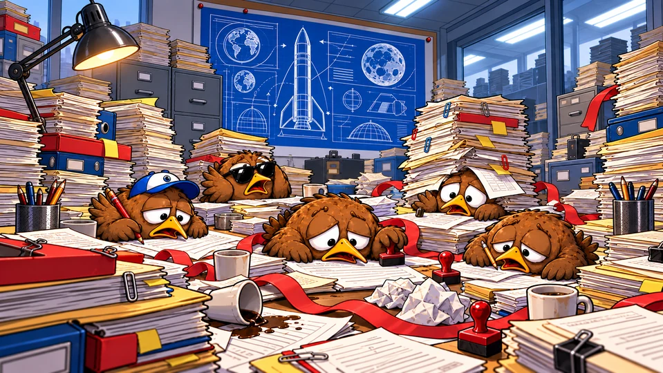 Five sandpipers buried in stacks of forms, red tape and coffee under a blueprint of a rocket