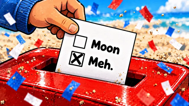 A hand drops a ballot into a red box: Moon, unticked; Meh, ticked