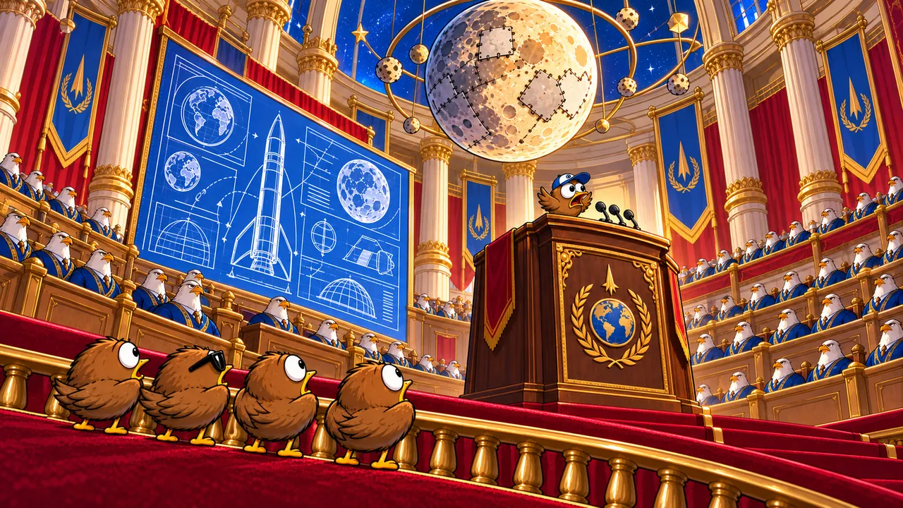 A sandpiper at a podium addresses a chamber of eagles under a patched moon