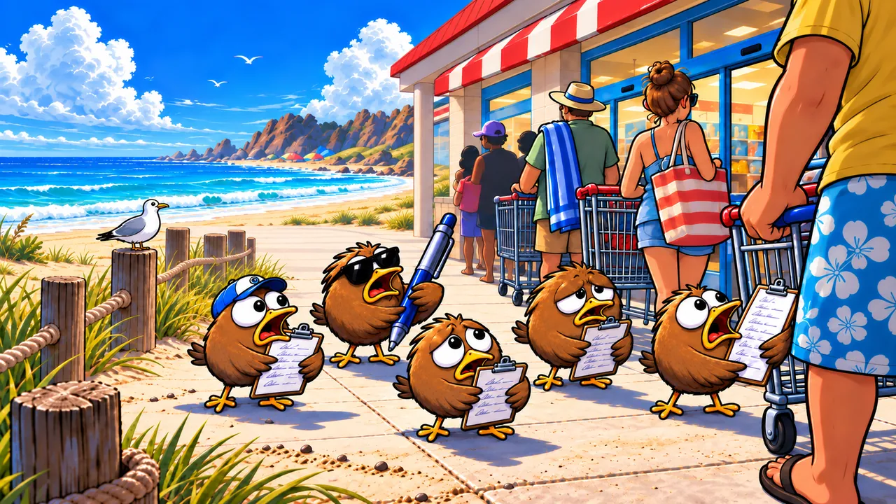 Five sandpipers with clipboards collecting signatures from beachgoers outside a market