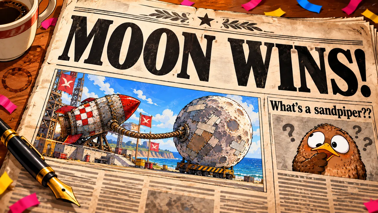 A newspaper headline reads Moon Wins! over a rocket lifting the patched moon