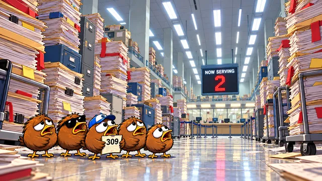 Five sandpipers wait in a hall of paperwork under a sign reading Now Serving 2, holding ticket 309