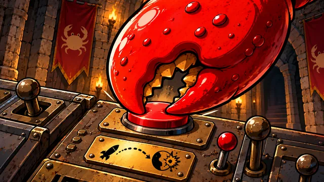 A giant red claw hovers over a big red button in a fortress control room