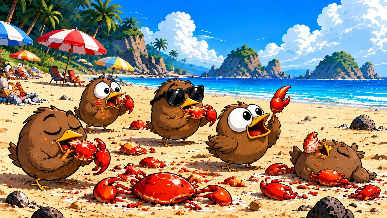 Five sandpipers on a sunny beach, eating crabs, one wearing sunglasses