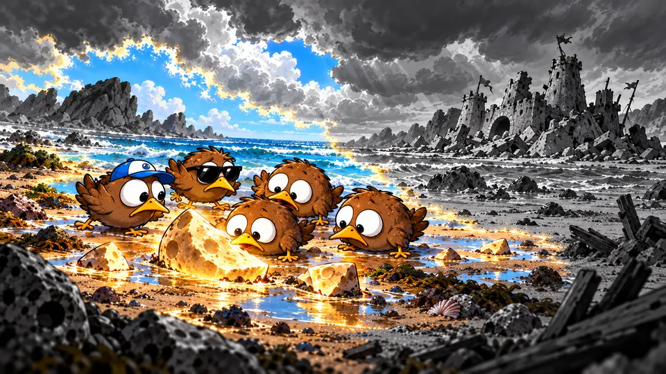 The flock on a grey shore, something glowing in the water
