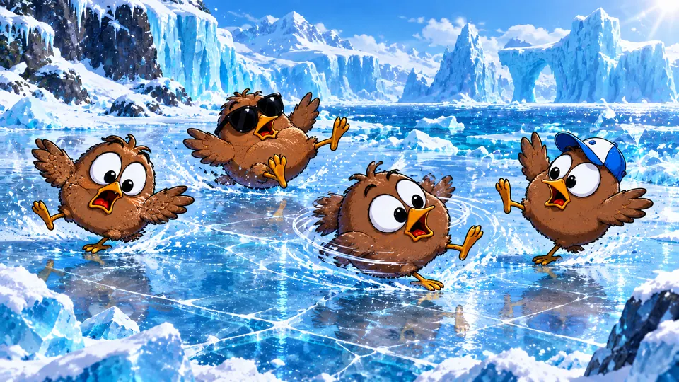 Cold Snap: birds skating on a frozen shore