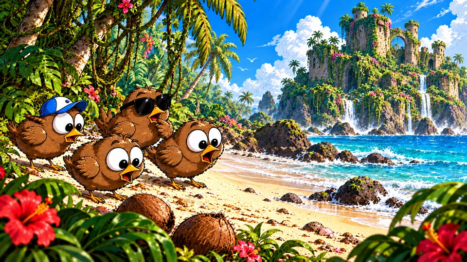 Jungle Gym: the flock arrives on an overgrown jungle shore, ruins across the bay